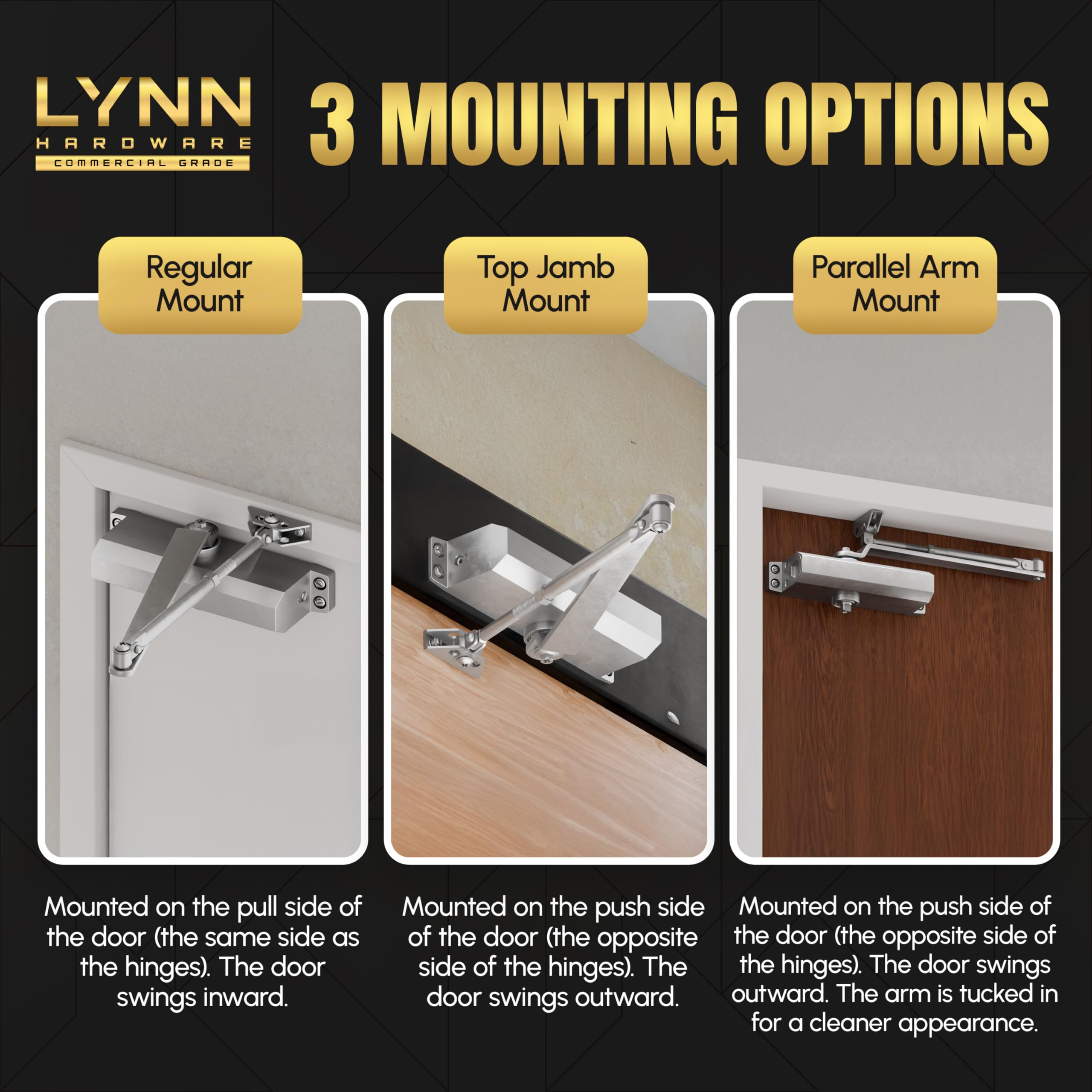 LYNN HARDWARE DC6003 adjustment dials enable customizable closing speeds for smooth operation