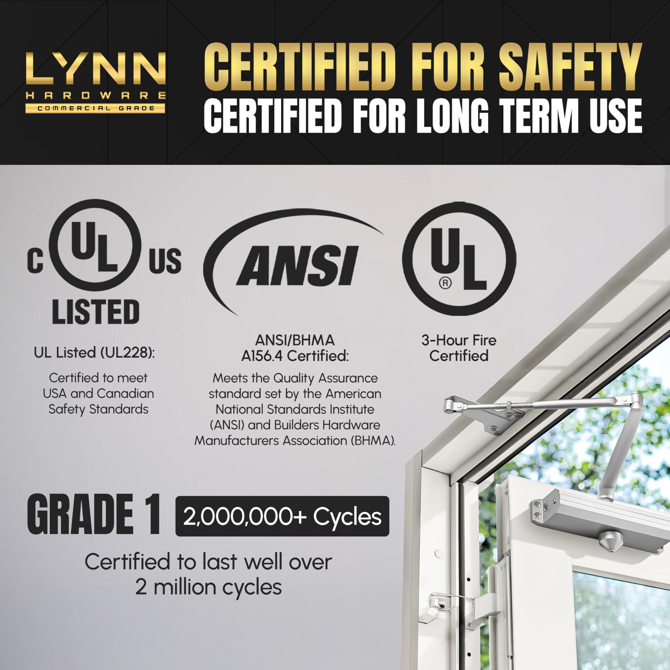 LYNN HARDWARE DC7016 fire-rated and ADA-compliant badge emphasizes safety and accessibility