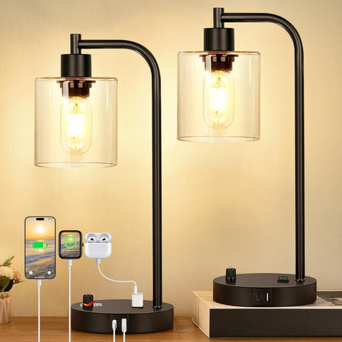 Lynnoland two-pack industrial table lamps with USB-C ports for easy device charging.