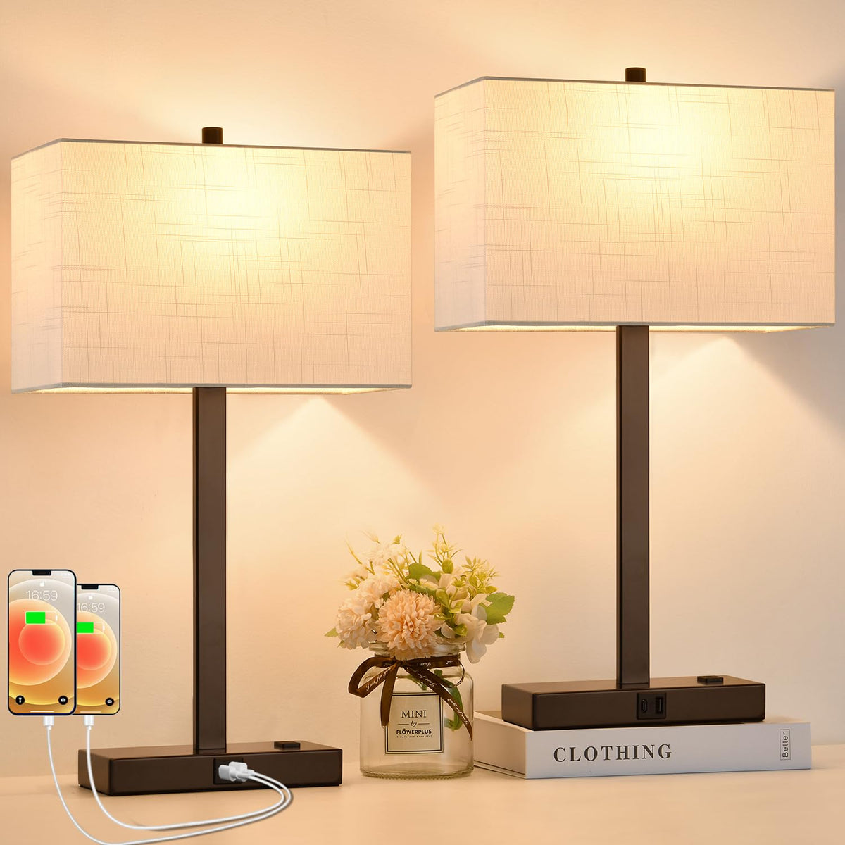 Lynnoland 21-inch touch bedside lamp with USB ports and AC outlet for night charging