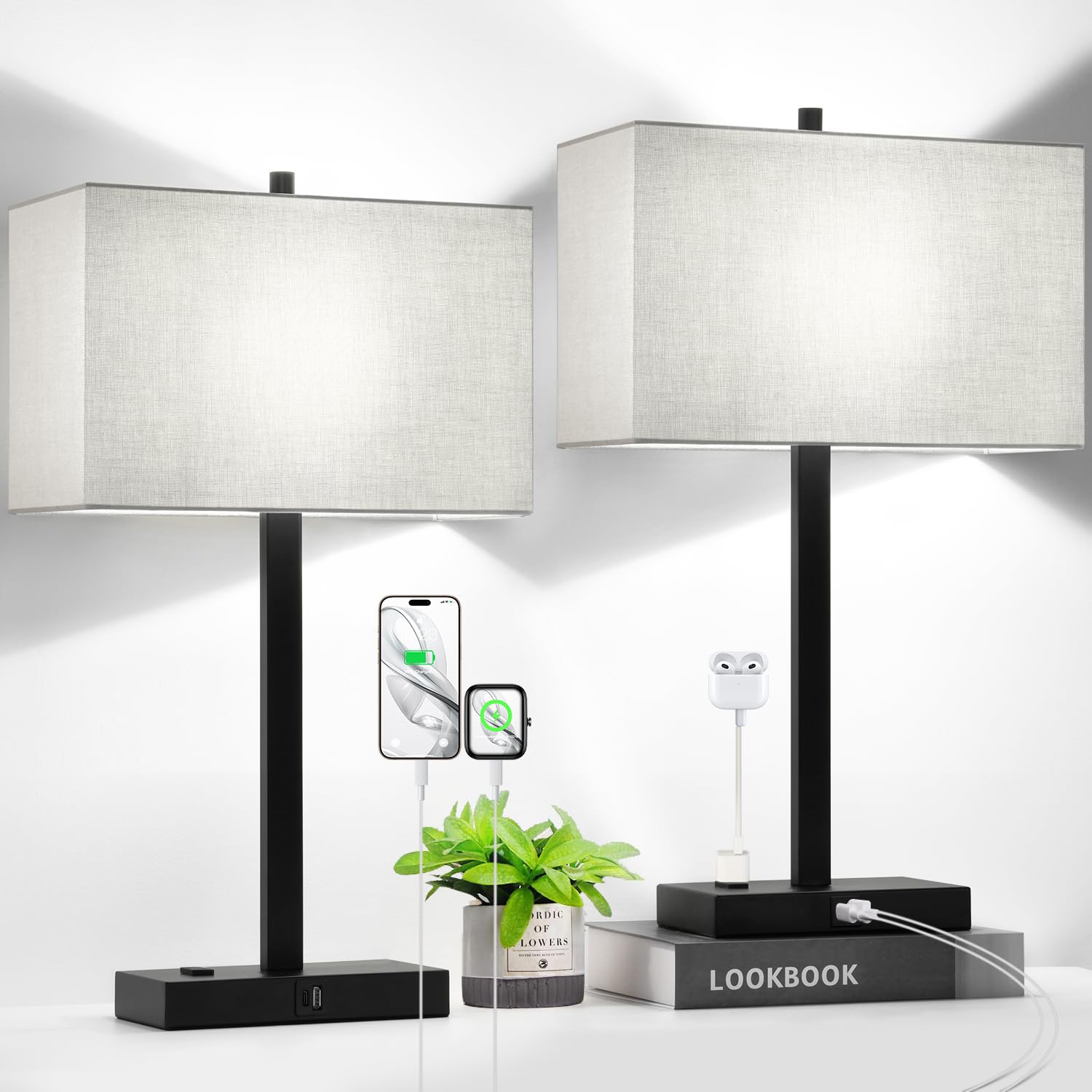 Lynnoland 21-inch touch bedside lamp with USB and AC outlets for nighttime charging.