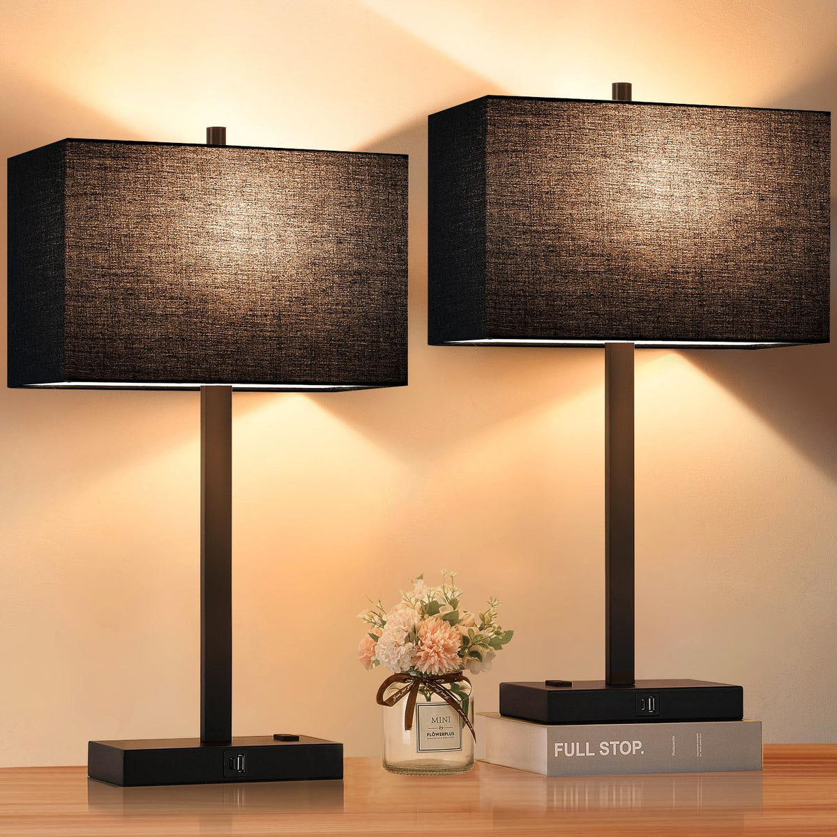 Lynnoland 21-inch touch bedside lamp with USB outlets for night charging