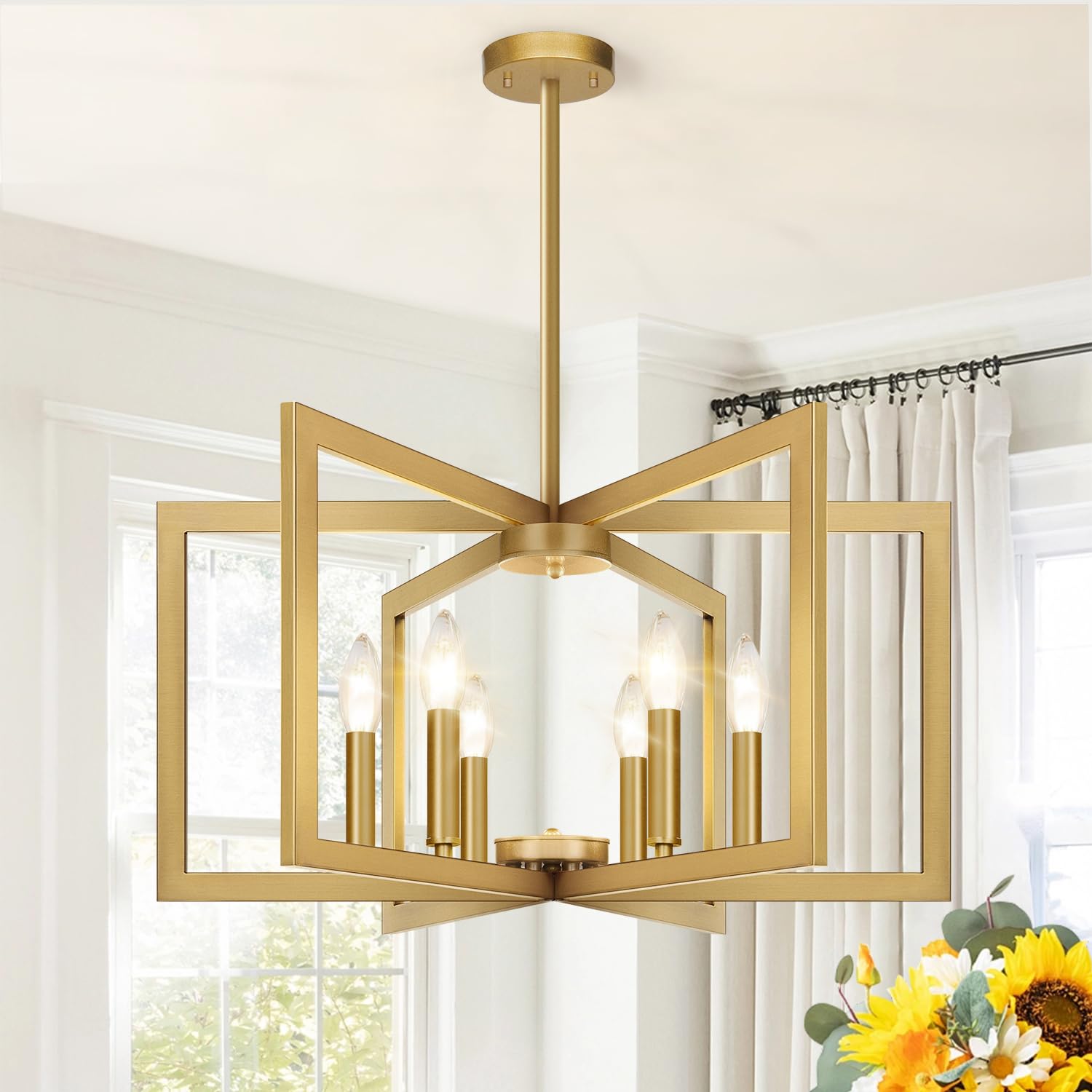 Lynnoland 25in modern gold chandelier with unfolded bloom silhouette enhances dining room ambiance