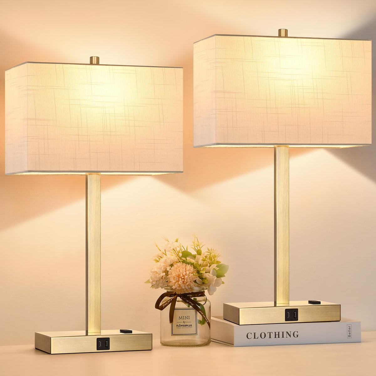 Lynnoland bedside lamp 21inch set with USB-C and USB-A charging for nighttime devices