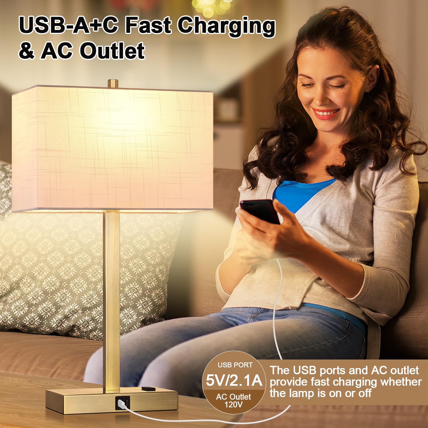 Lynnoland nightstand lamp helps organize charging on nightstands