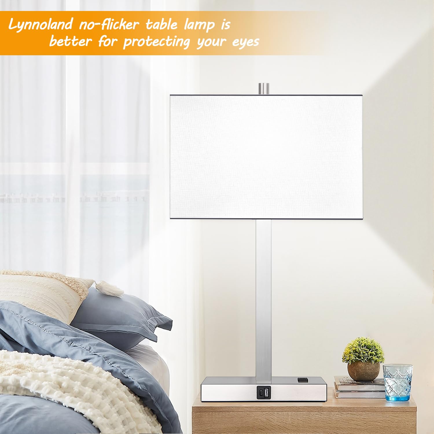 Lynnoland bedside lamps shown in a cozy bedroom setup.