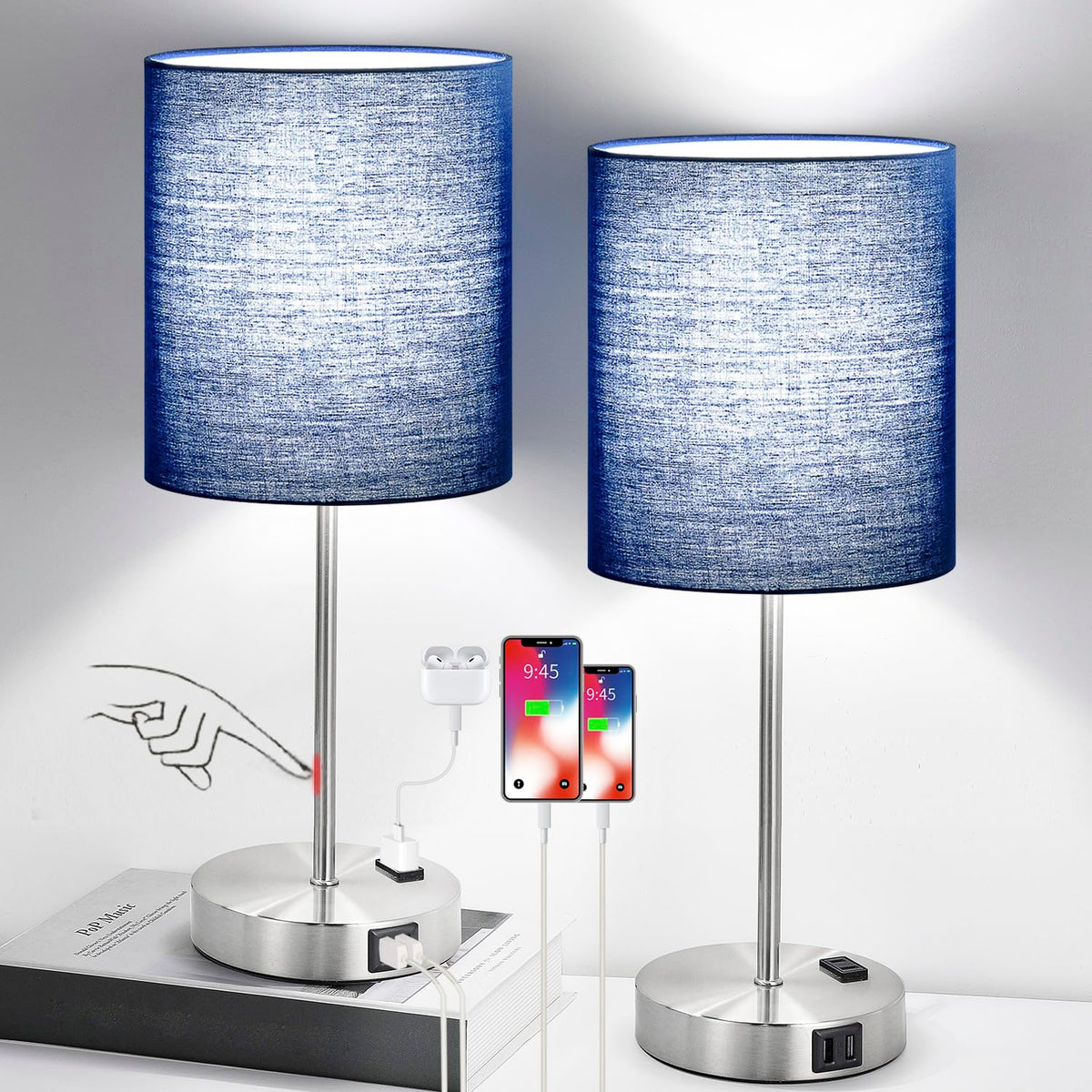 Lynnoland bedside lamps with touch control and USB outlet for convenient charging.