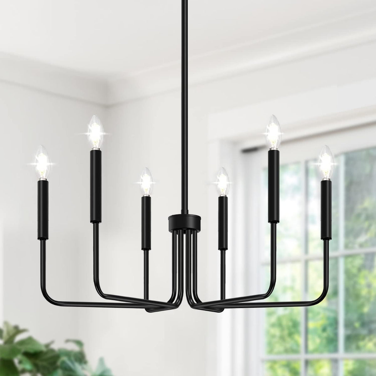 Lynnoland 6-light black chandelier arms illuminate dining areas with rustic industrial charm.
