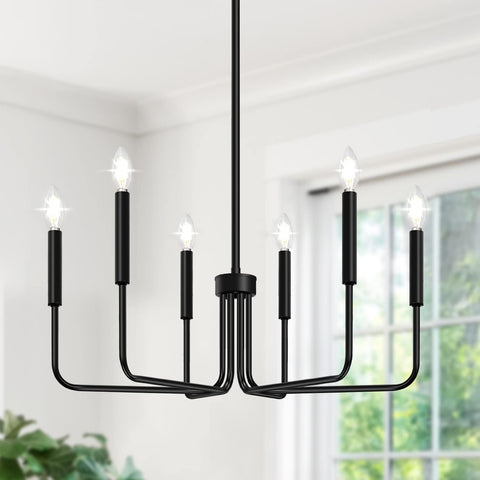 Lynnoland 6-light black chandelier arms illuminate dining areas with rustic industrial charm.