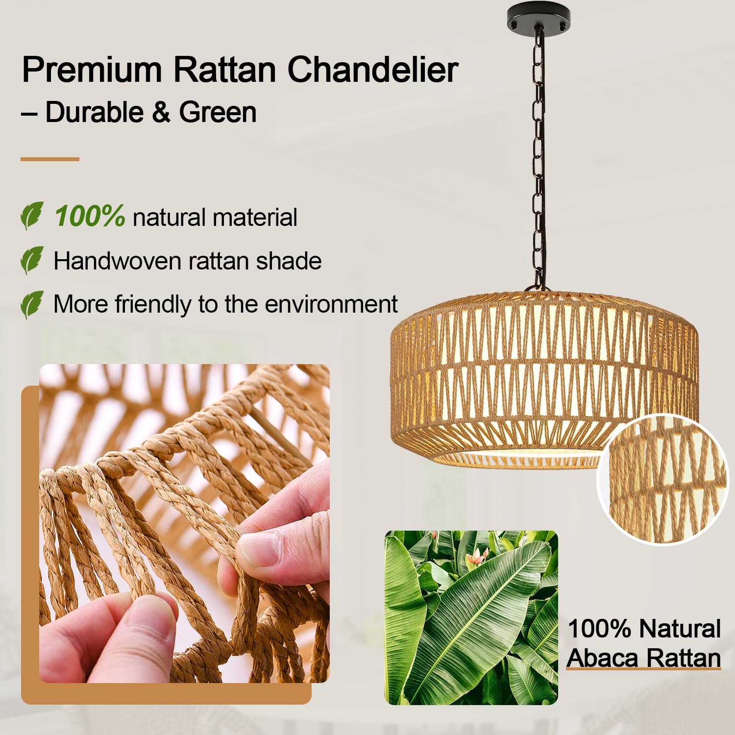 Lynnoland eco-friendly rattan finish adds natural texture to decor.
