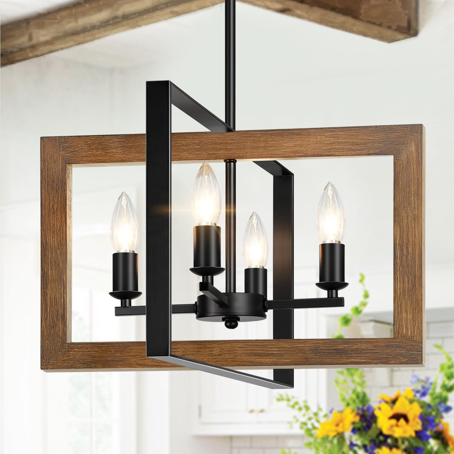 Lynnoland farmhouse chandelier wood frame closeup shows rich walnut grain texture