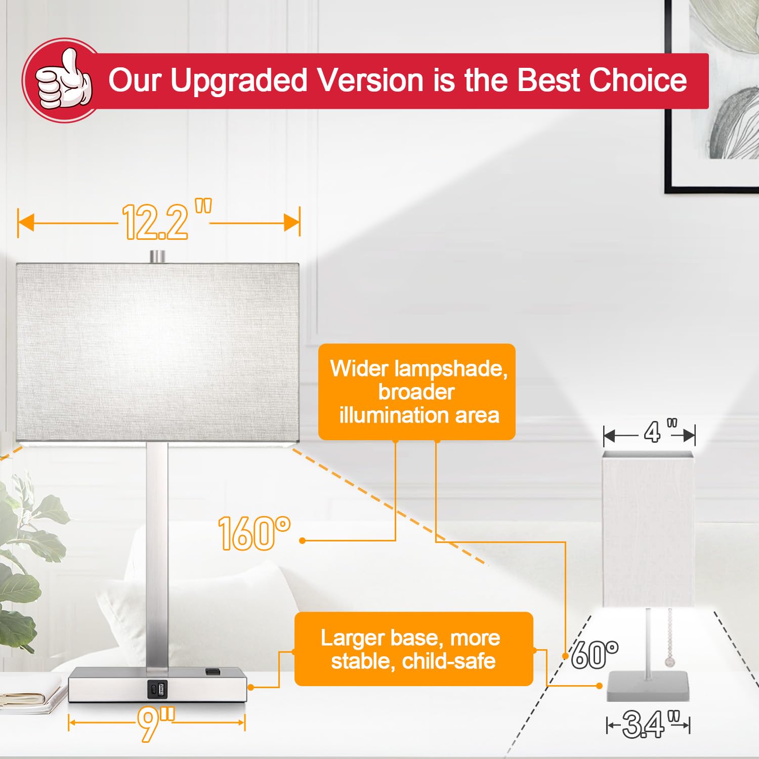 Lynnoland gray shade bedside lamps with a weighted base for stability.