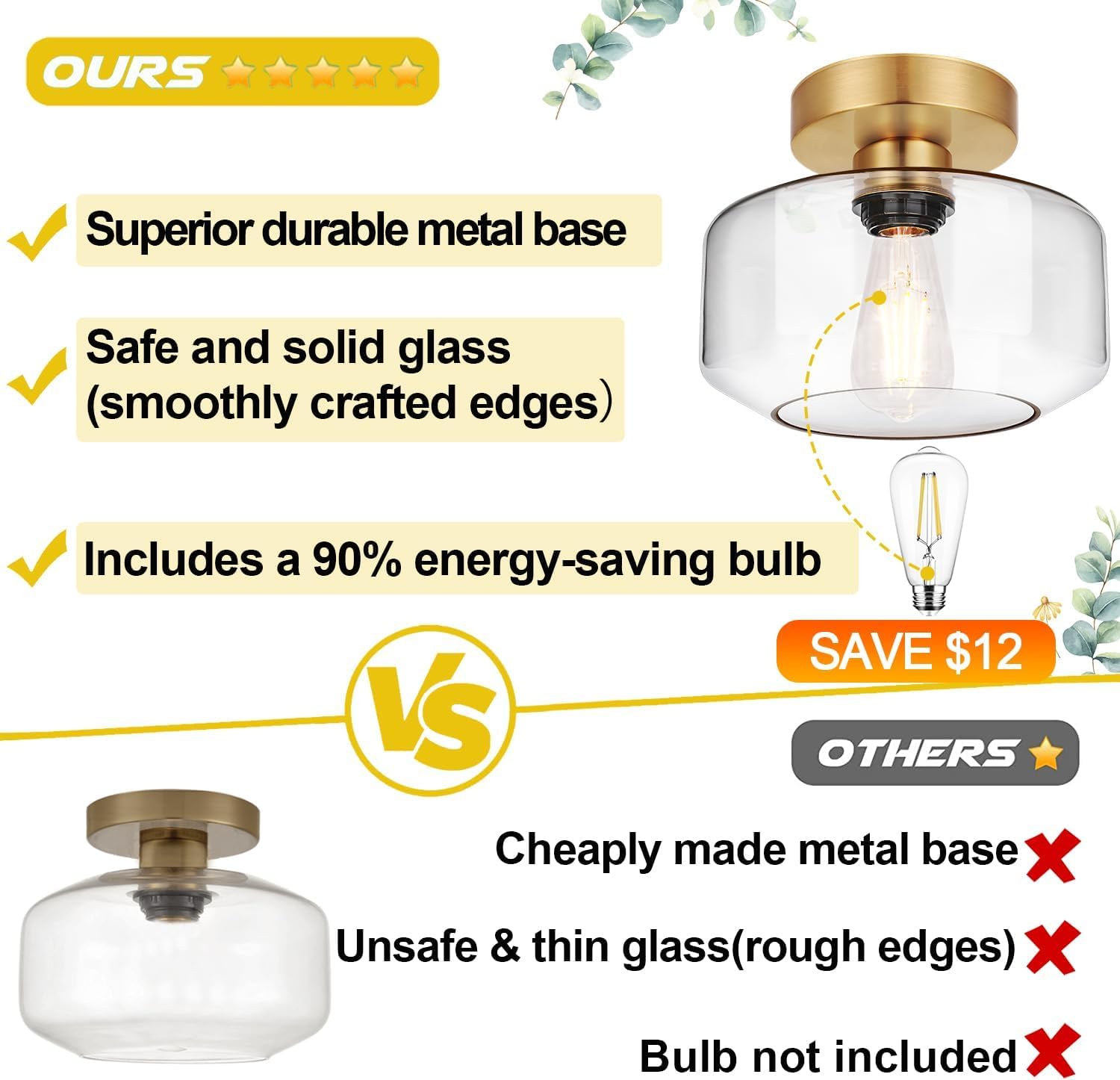Lynnoland industrial semi-flush clear glass shade for crisp diffusion