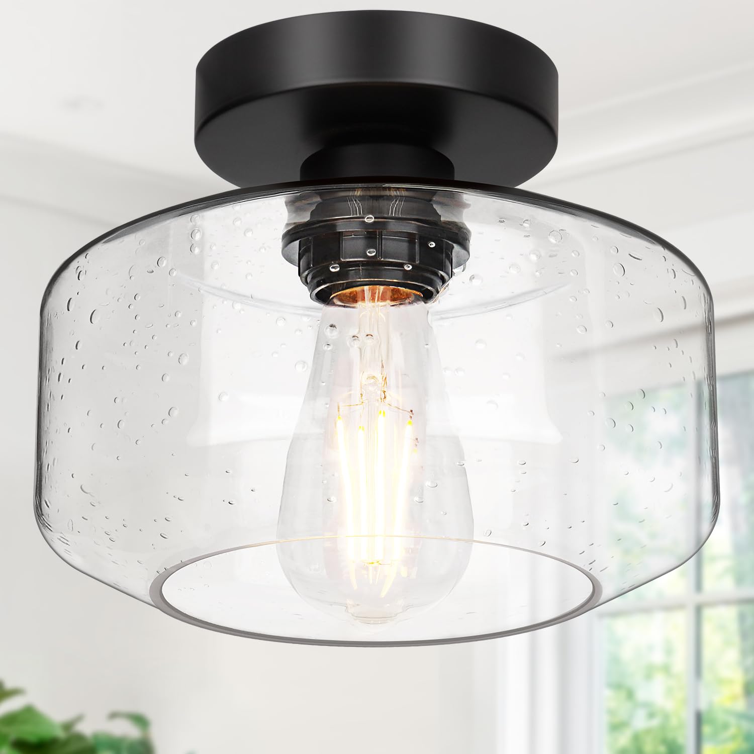 Lynnoland industrial semi-flush with seeded glass shade for vintage ambiance.