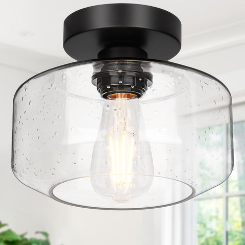 Lynnoland industrial semi-flush with seeded glass shade for vintage ambiance.
