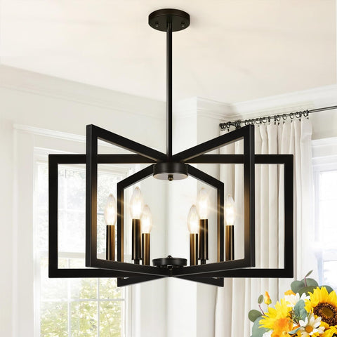 Lynnoland modern matte black chandelier with six square frames elevates dining room ambience.