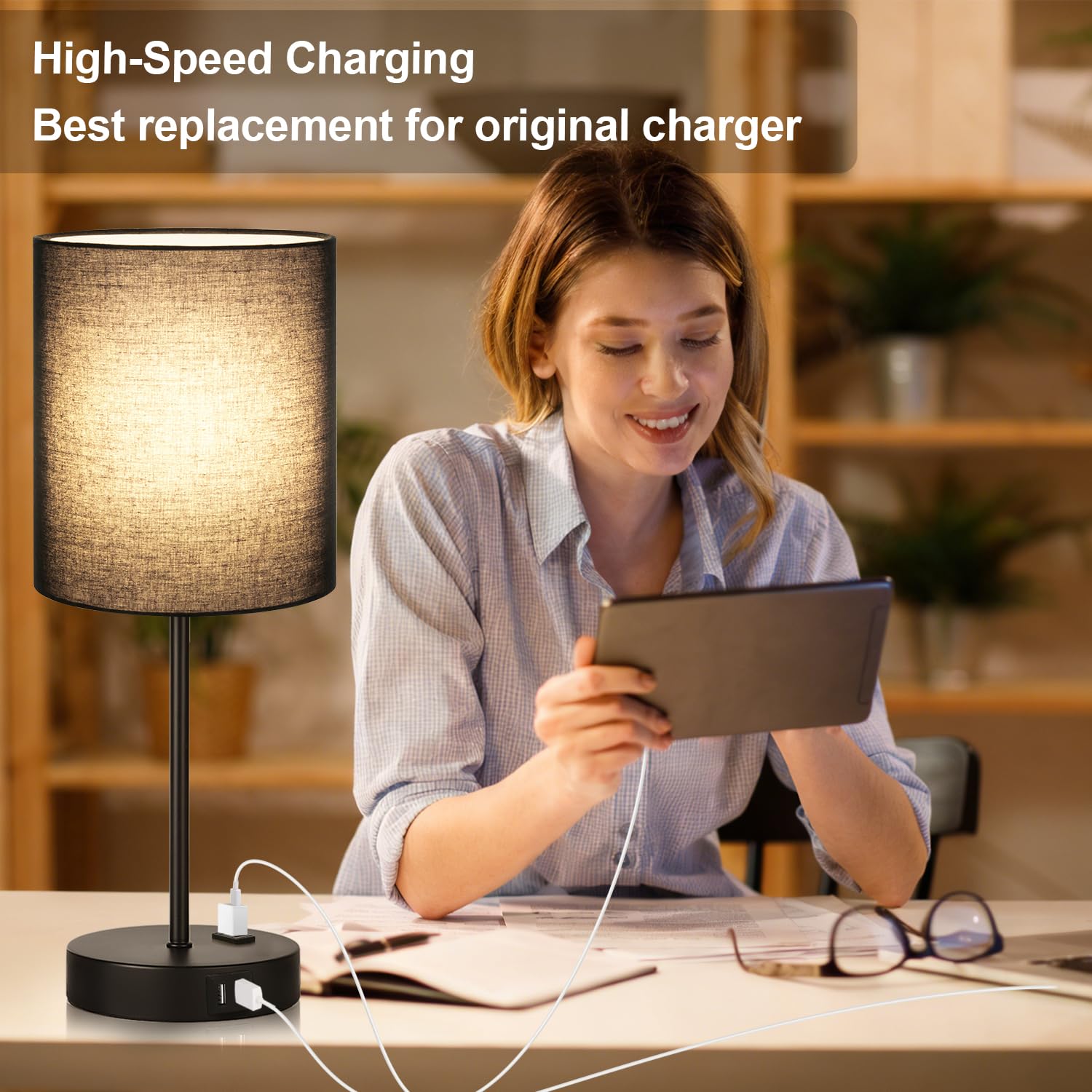 Lynnoland fabric-shade lamp provides soft, diffused light.