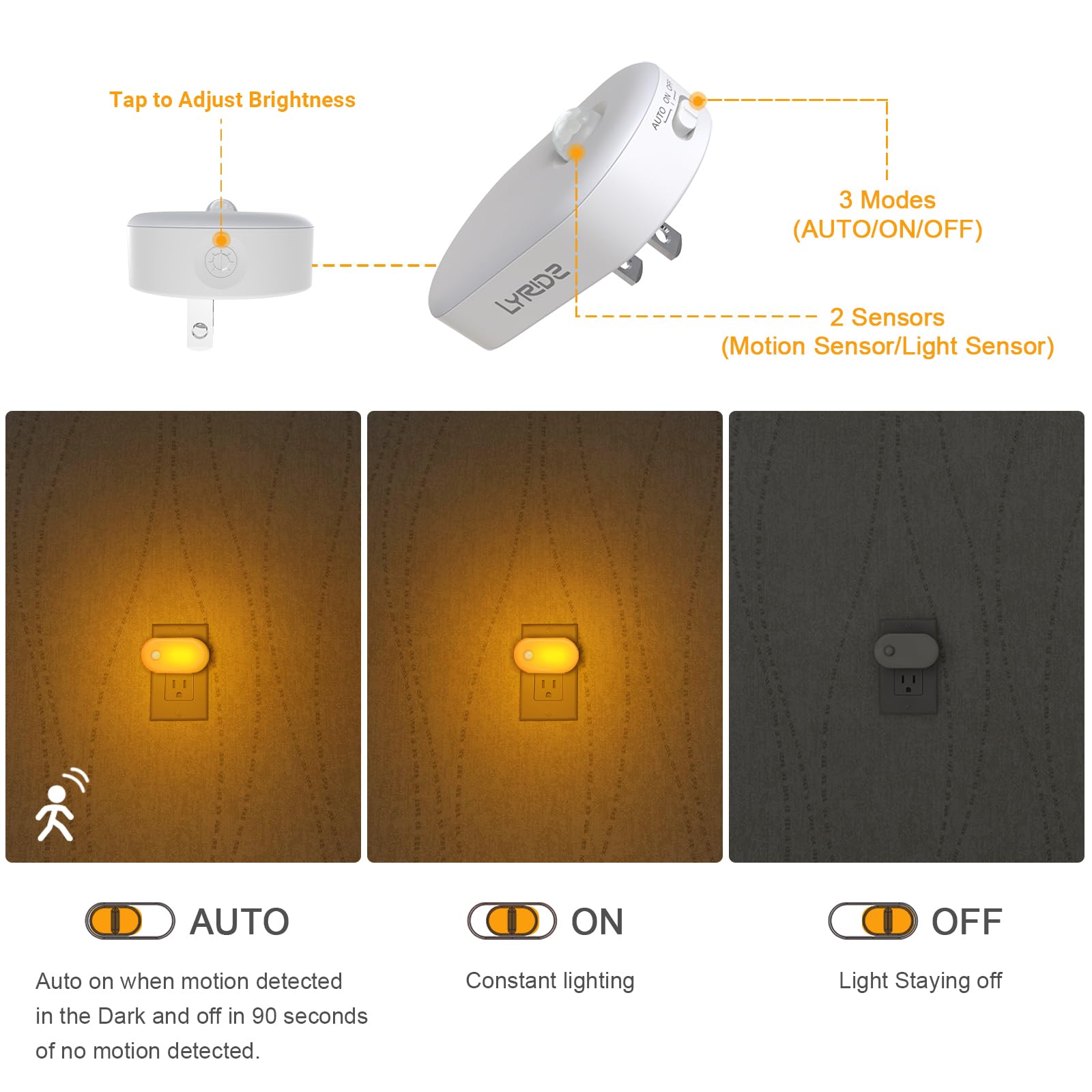 Lyridz Amber Night Light remembers last brightness setting after power stays connected.