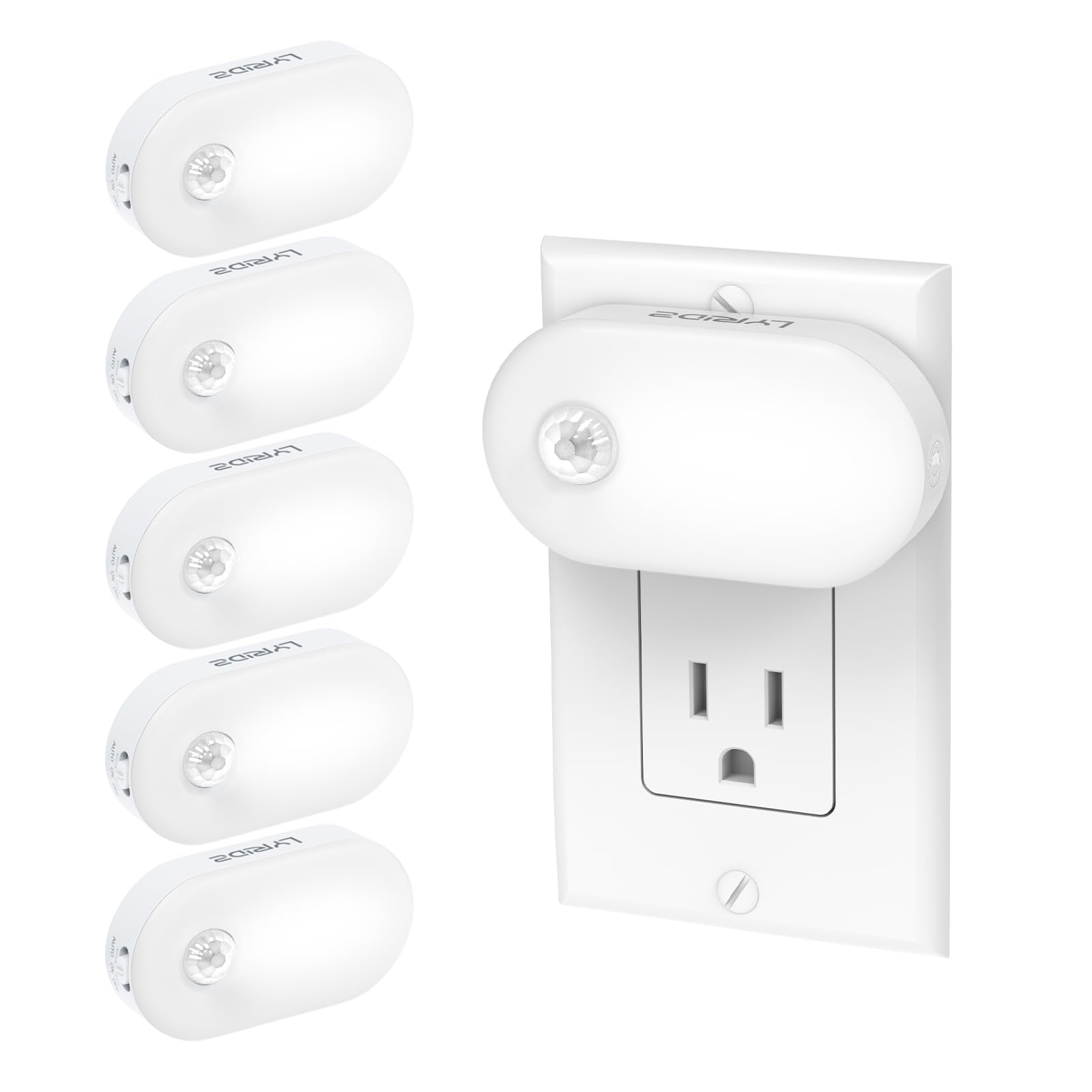 Lyridz plug-in night light with motion sensor illuminating a hallway for safe navigation.