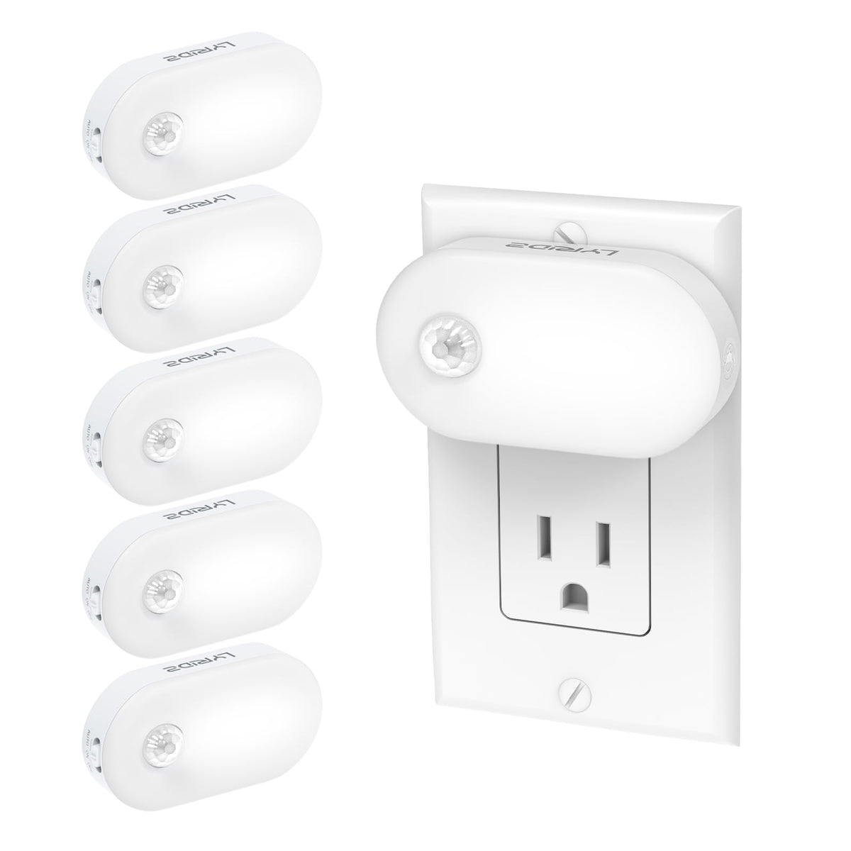 Lyridz plug-in night light with motion sensor illuminating a hallway for safe navigation.