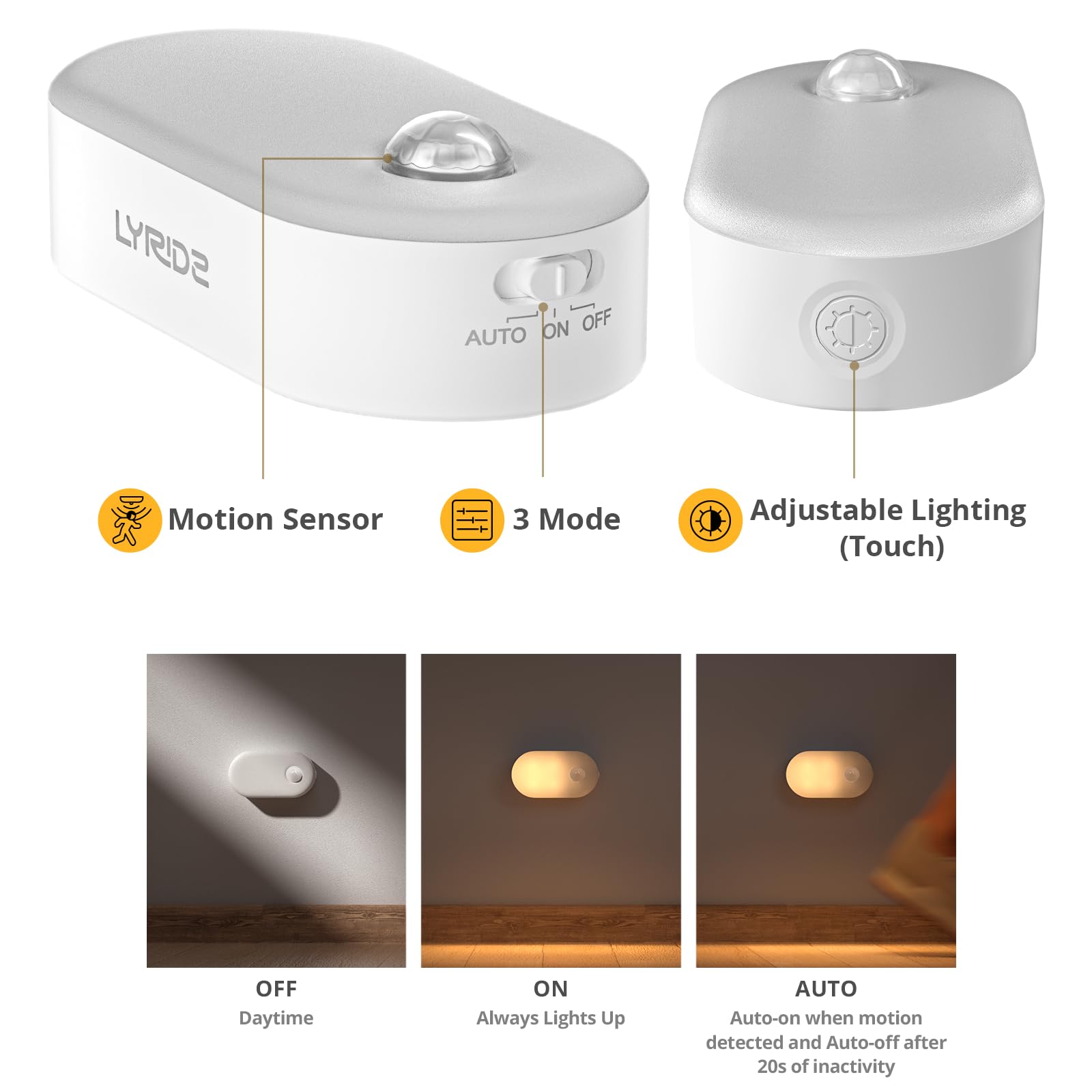 Lyridz rechargeble light with dimmable brightness from 1 to 20 lumens for a soft glow.