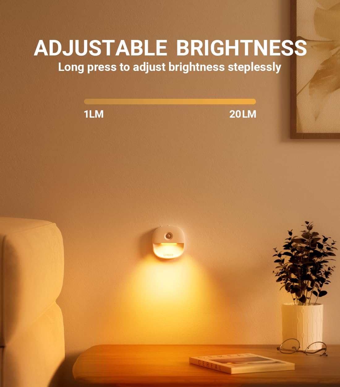 Lyridz amber dimmable night light brightens the bedroom ambiance with gentle warmth.