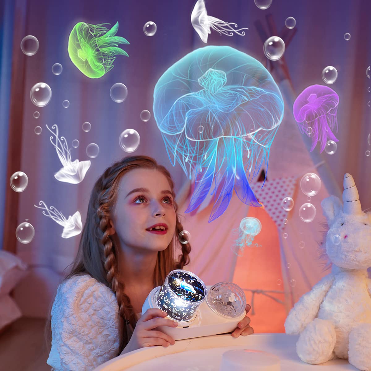 LytRdIt unicorn film projection sparks imagination with soft color shifts.