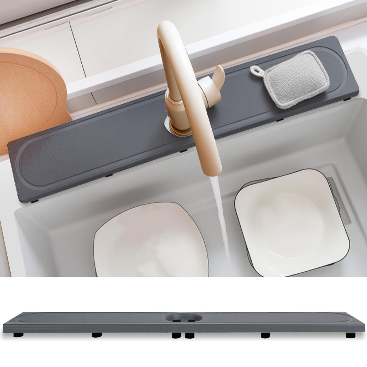 Lyxel faucet mat close-up shows rapid water absorption around the faucet