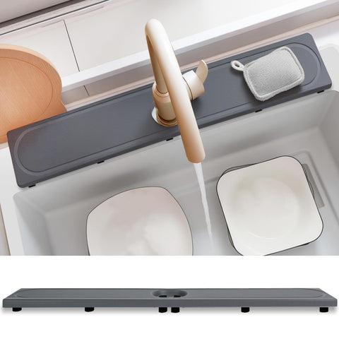 Lyxel faucet mat close-up shows rapid water absorption around the faucet