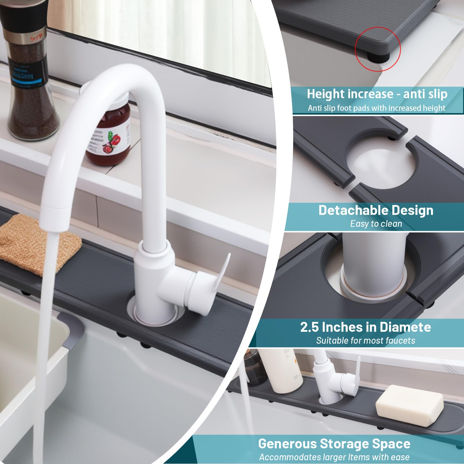 Lyxel faucet mat with silicone footpads for anti-slip stability.