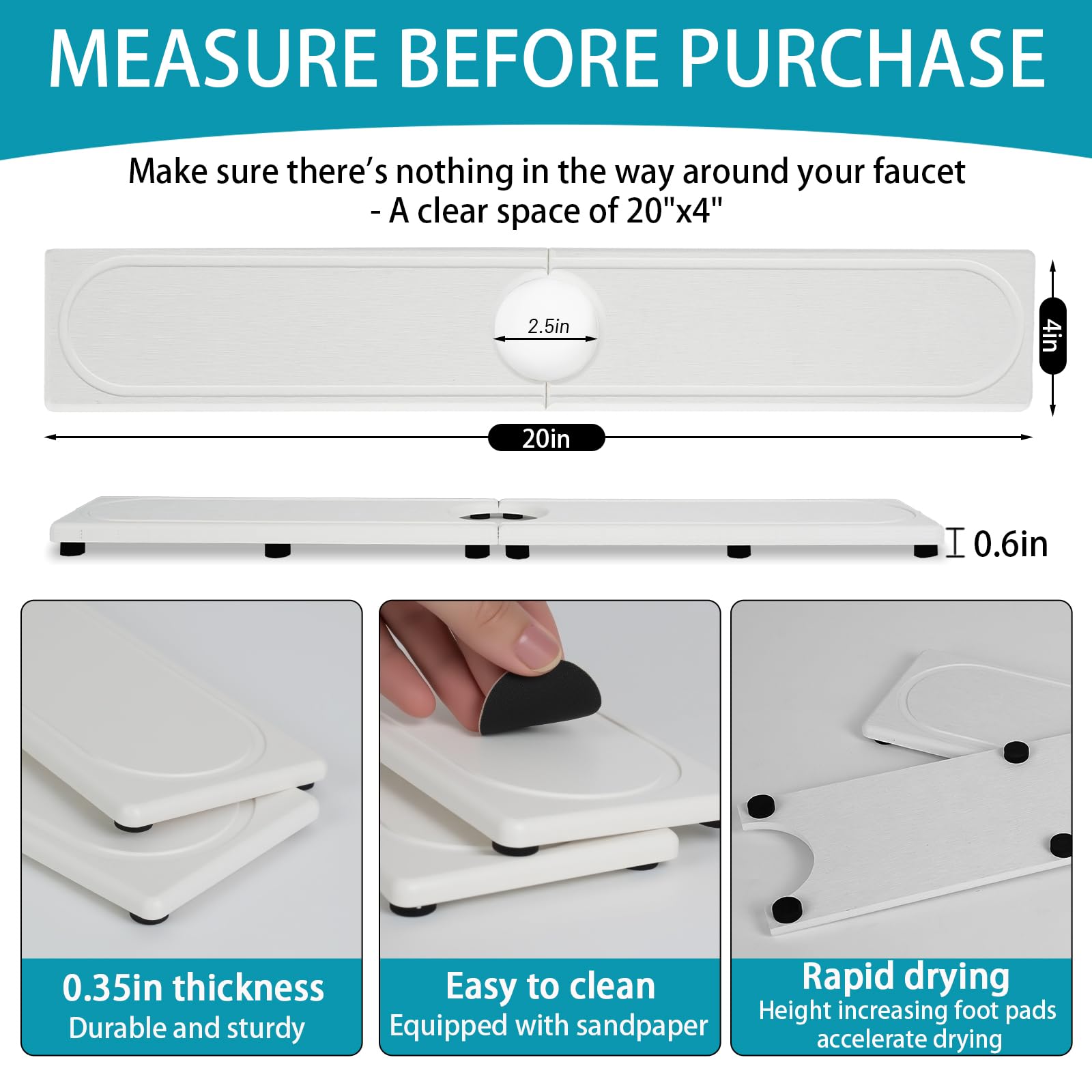 Lyxel Faucet Mat includes feet and sandpaper for maintenance