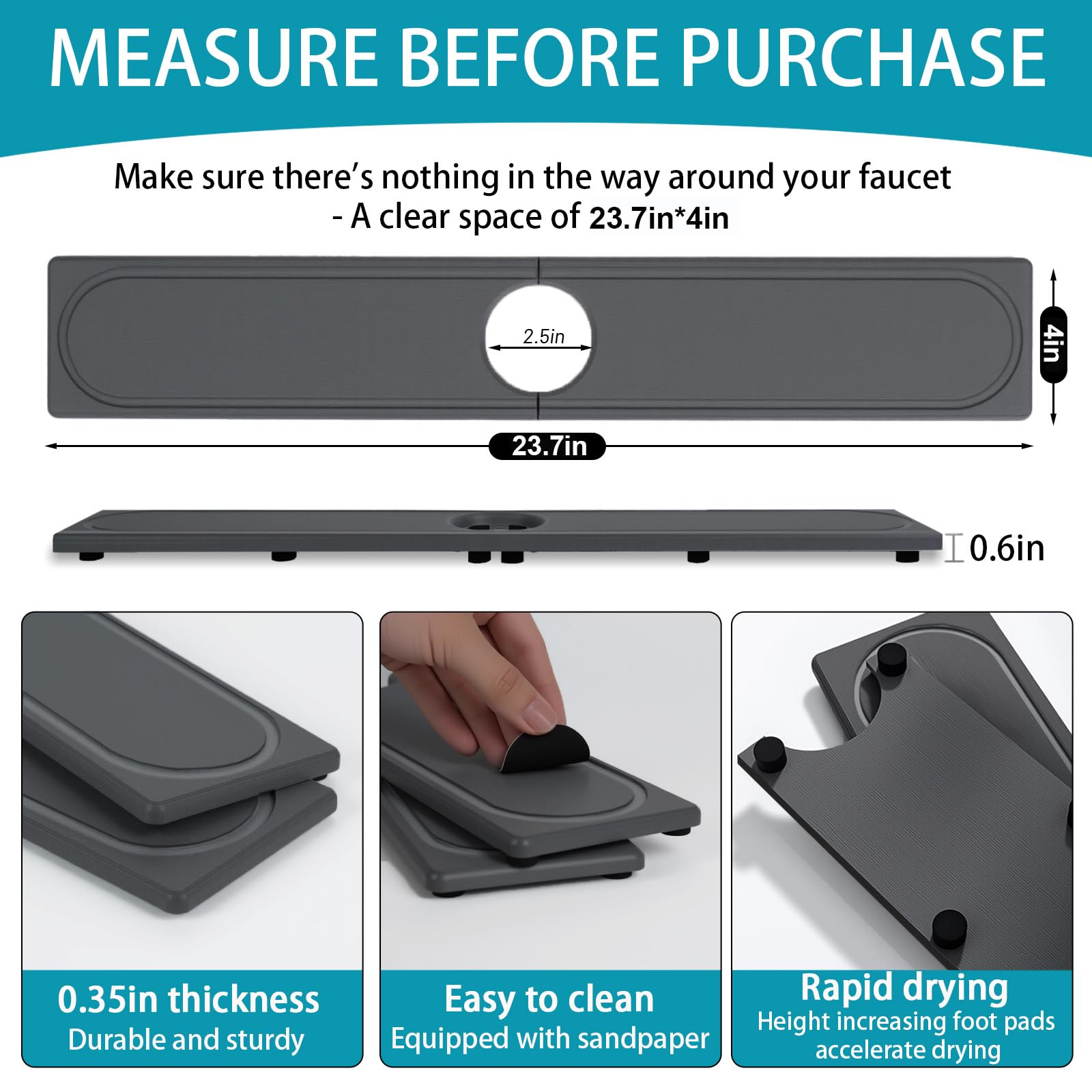 Lyxel faucet mat shows fast drying on a clean countertop surface.