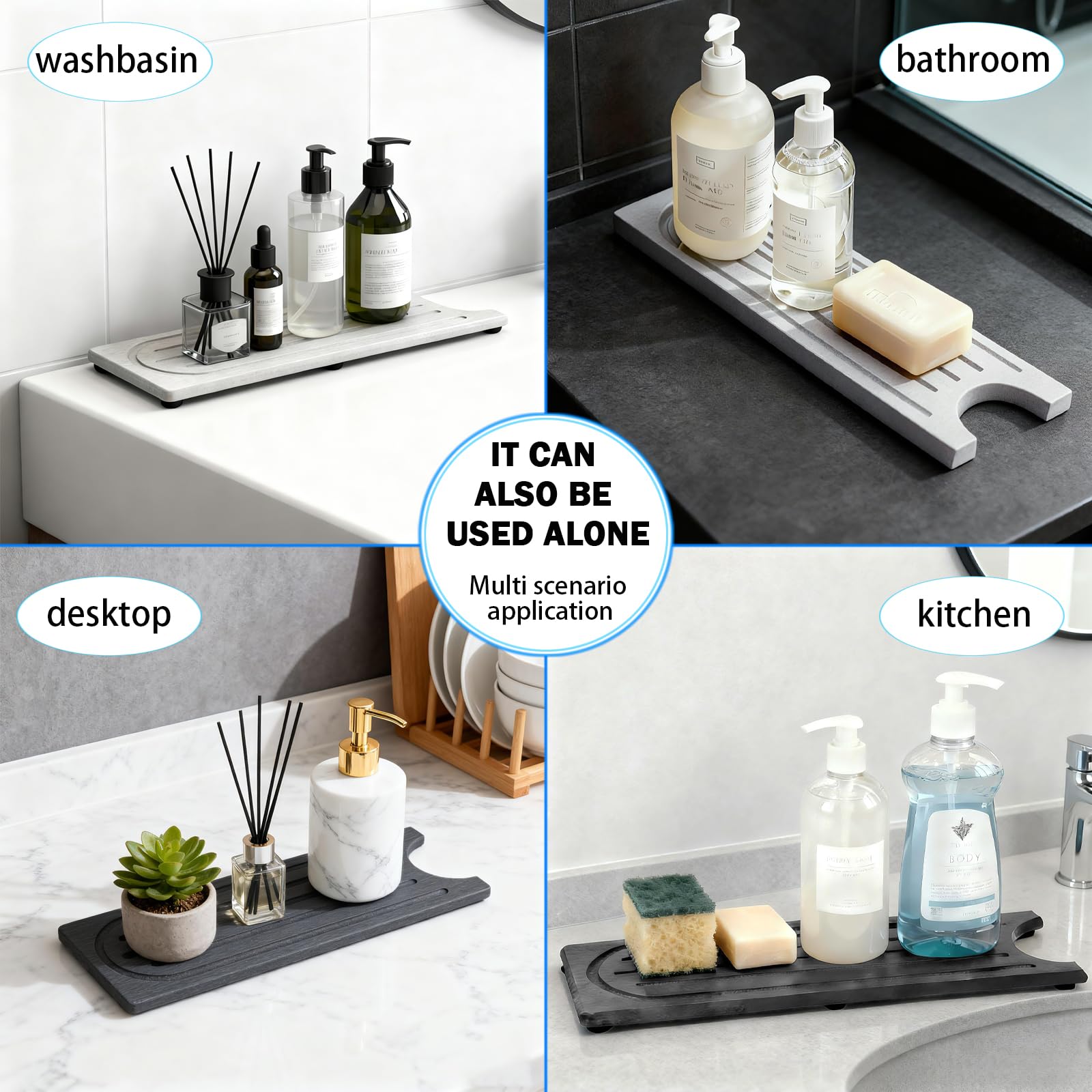 Lyxel faucet mat doubles as sink organizer for soap and sponges.