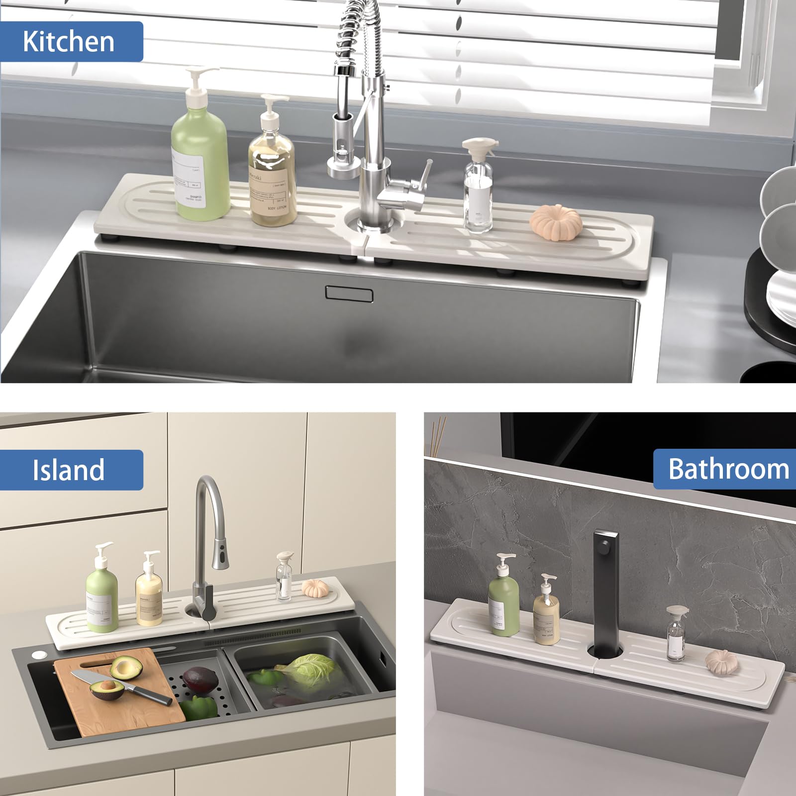 Lyxel faucet mat on countertop keeps surfaces dry and stain-free.