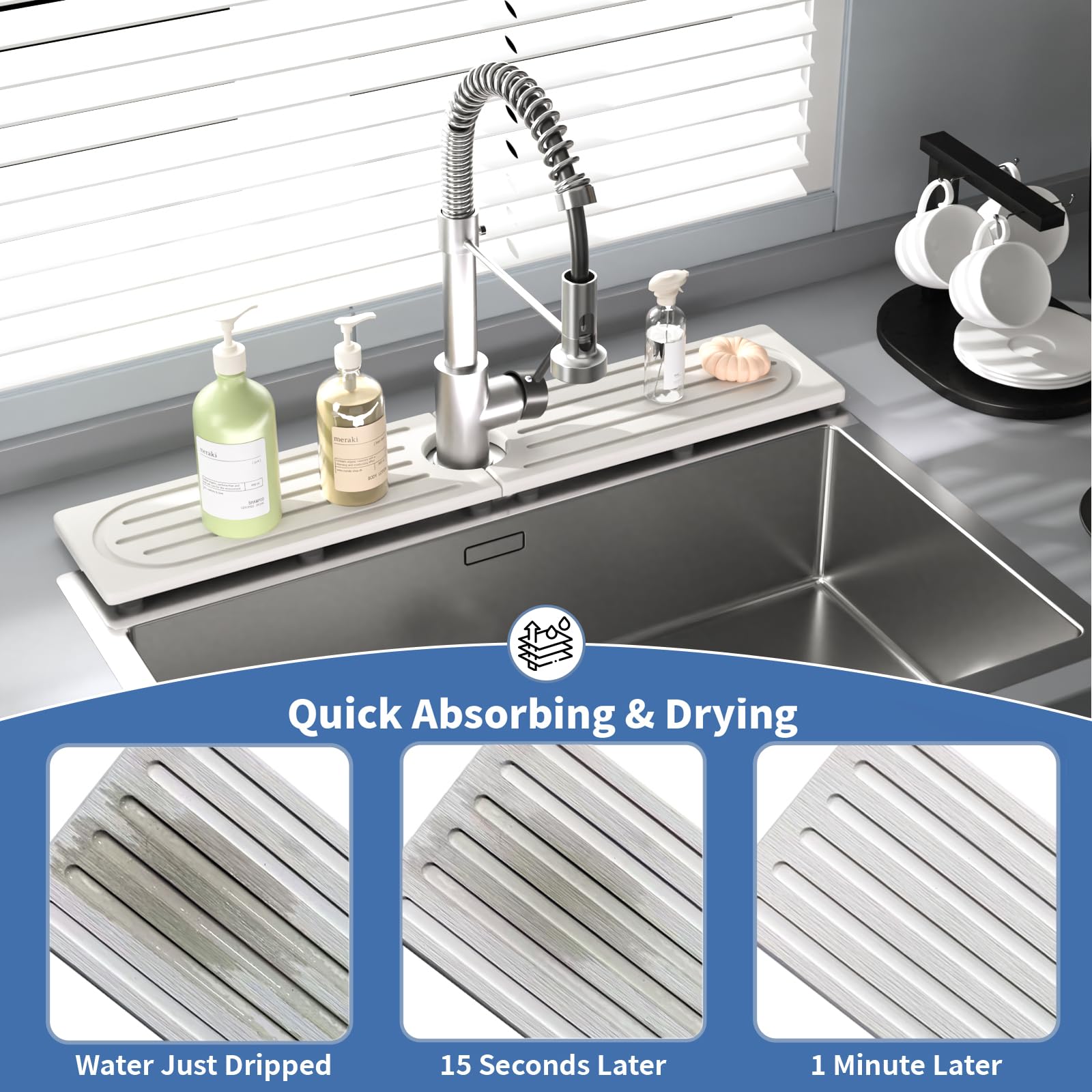 Lyxel faucet mat organizes space for soap, brushes, and sponges.
