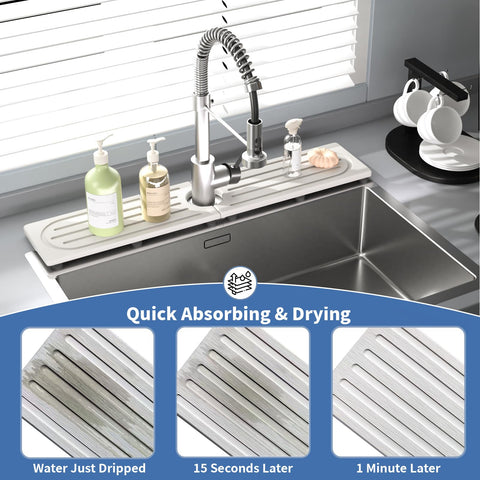 Lyxel faucet mat organizes space for soap, brushes, and sponges.