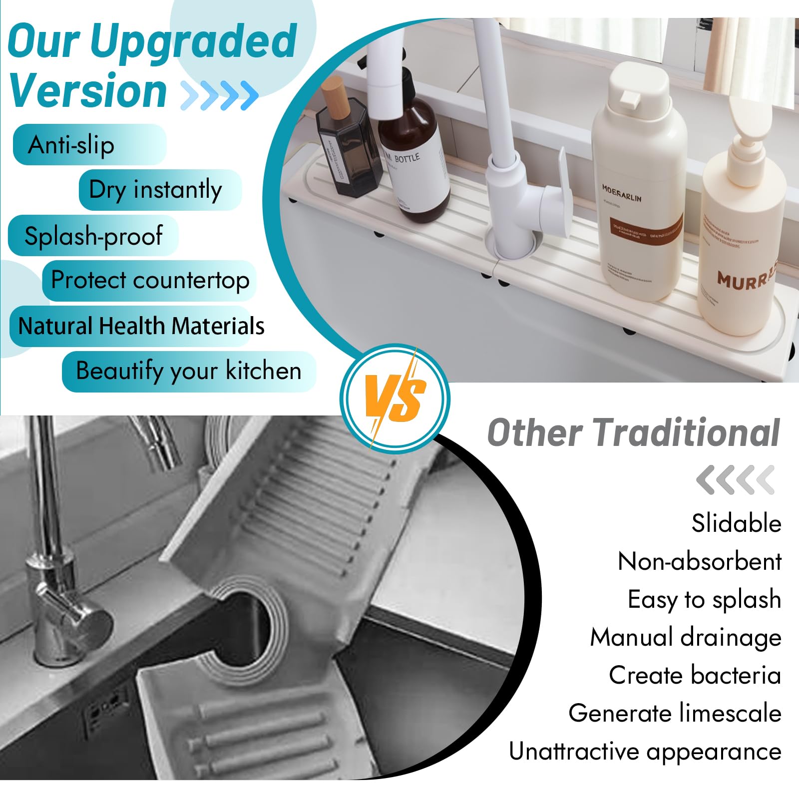 Lyxel sink mat used as organizer for soaps and sponges.