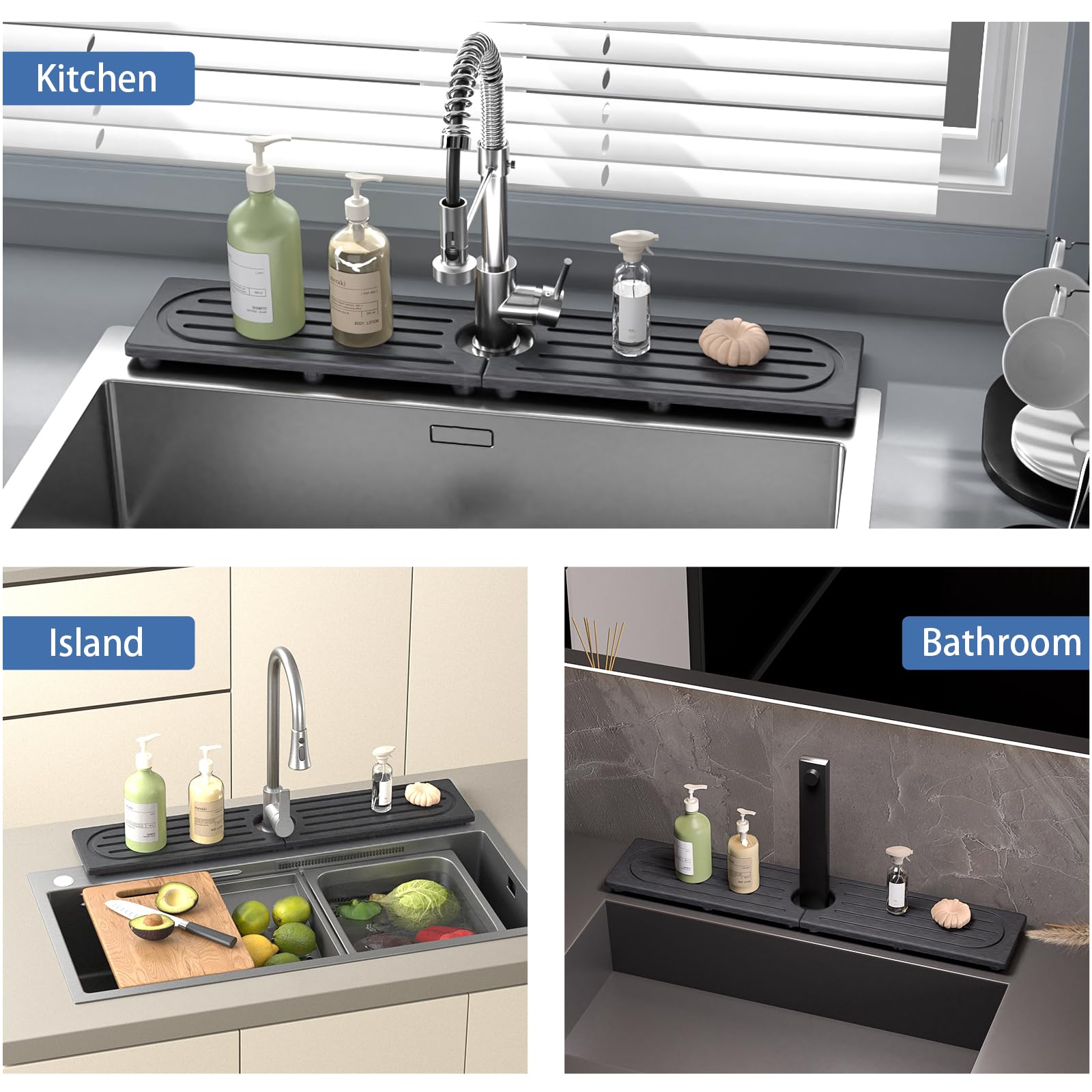 Large 30 by 4 inch dimensions fit standard kitchen counters around the faucet.