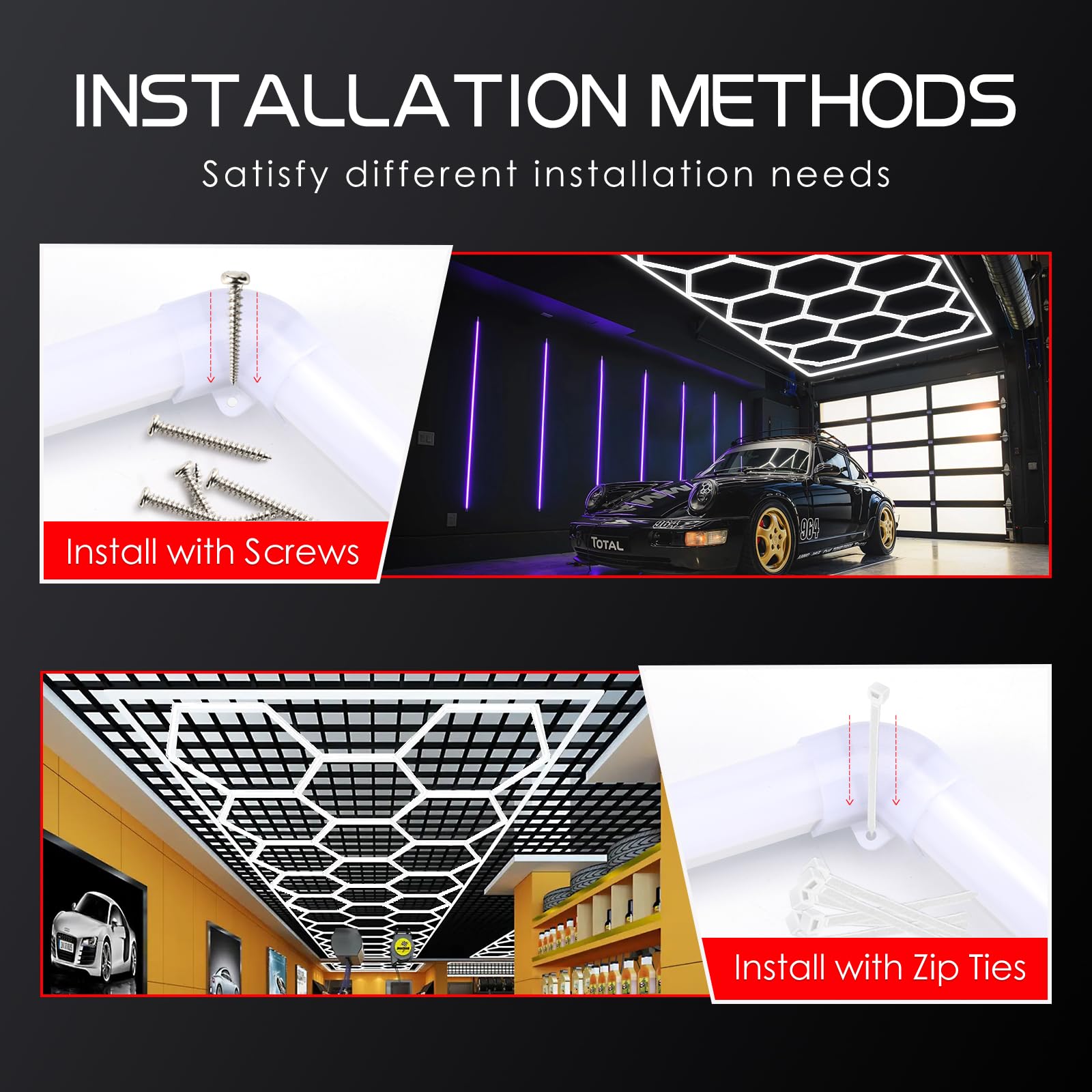 LZHOME LED hexagon garage light at full brightness shows high lumens for bright workshops