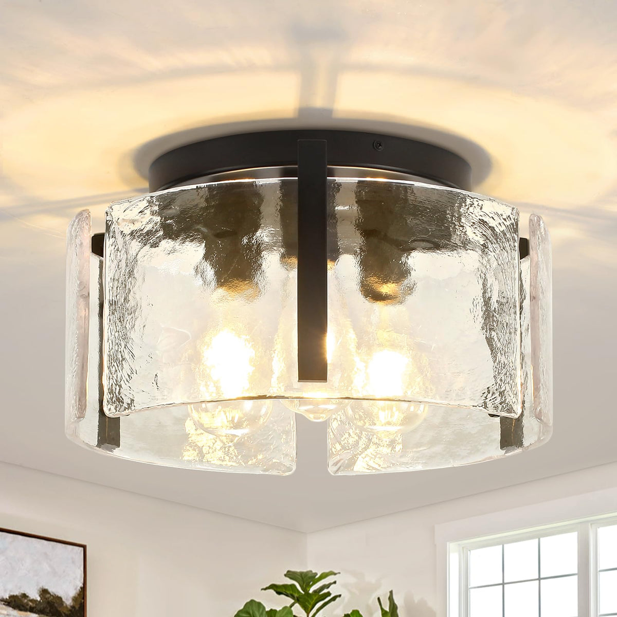 LZLDCJ 15-inch black semi-flush light with hammered glass for warm ambient glow