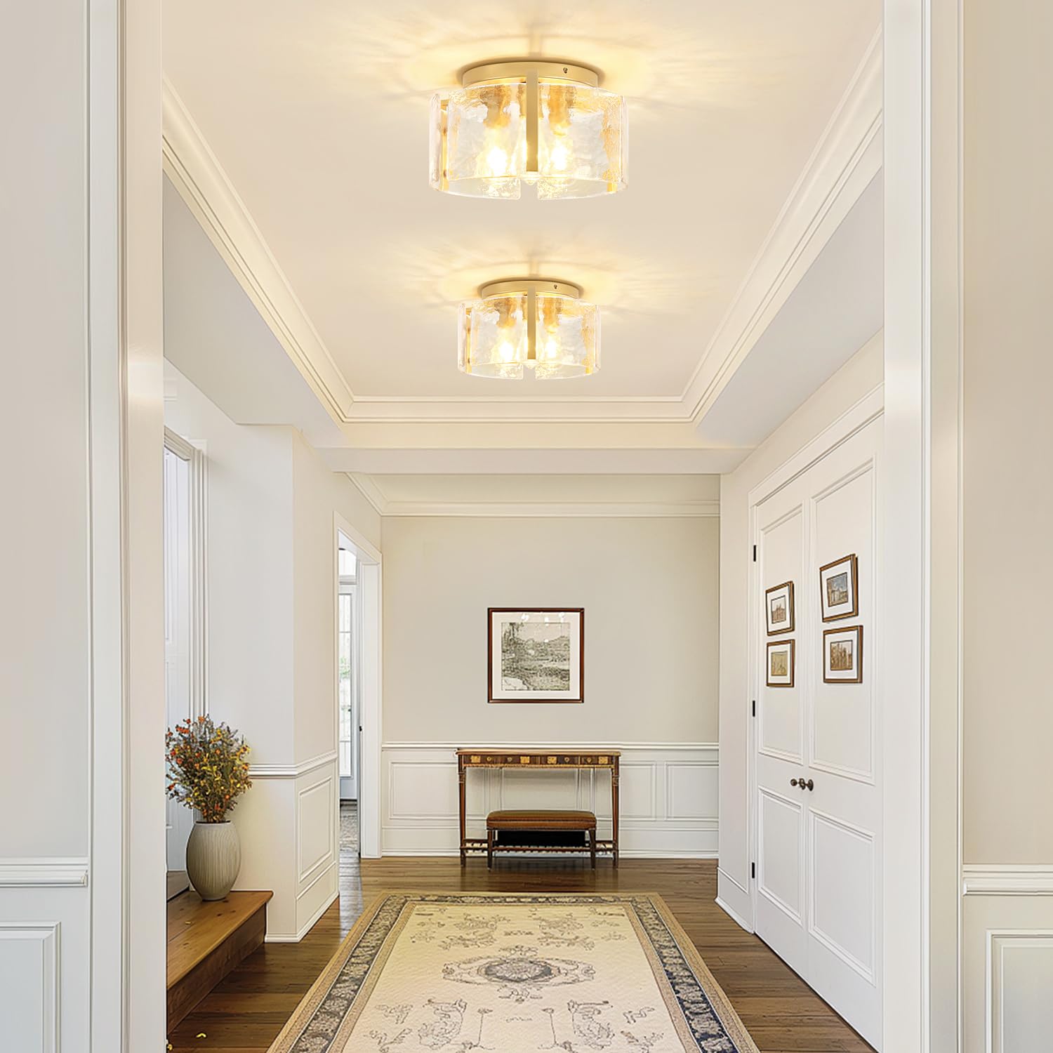 LZLDCJ three-light glass drum shade showing warm radiance