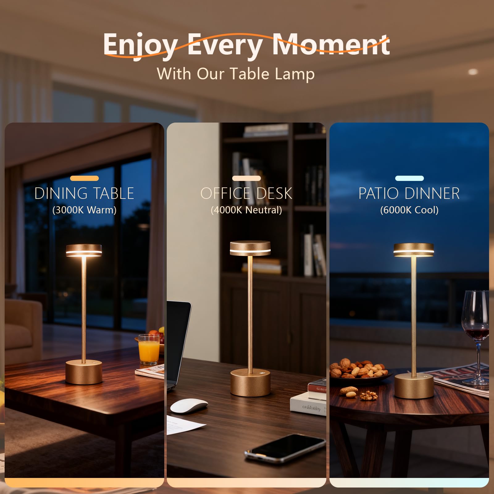 LZXYUYU cordless table lamp 3-color-temperatures for mood lighting.