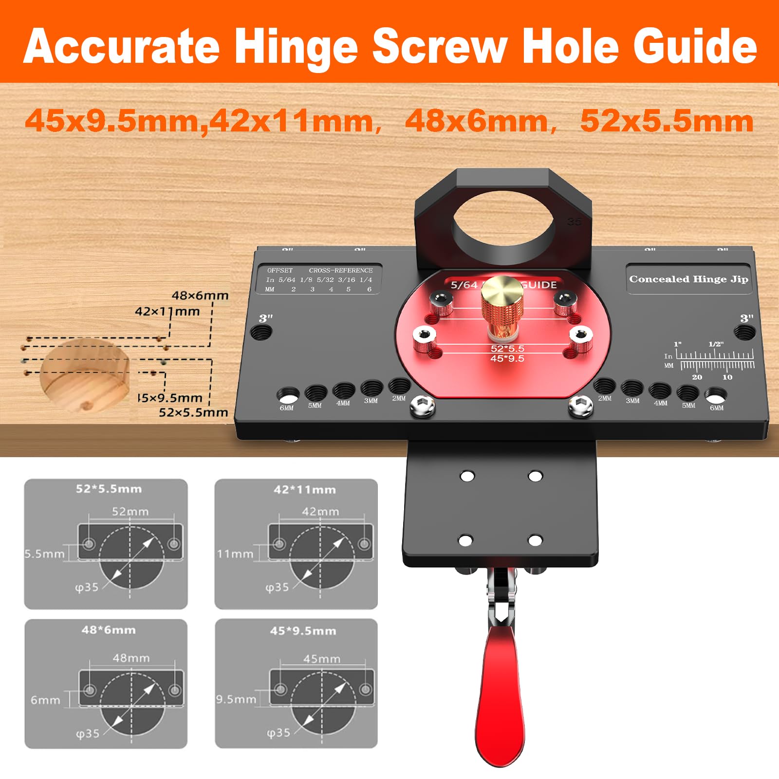 M-T jig supports Blum, Salice, Grass hinges and 1/2 inch overlays