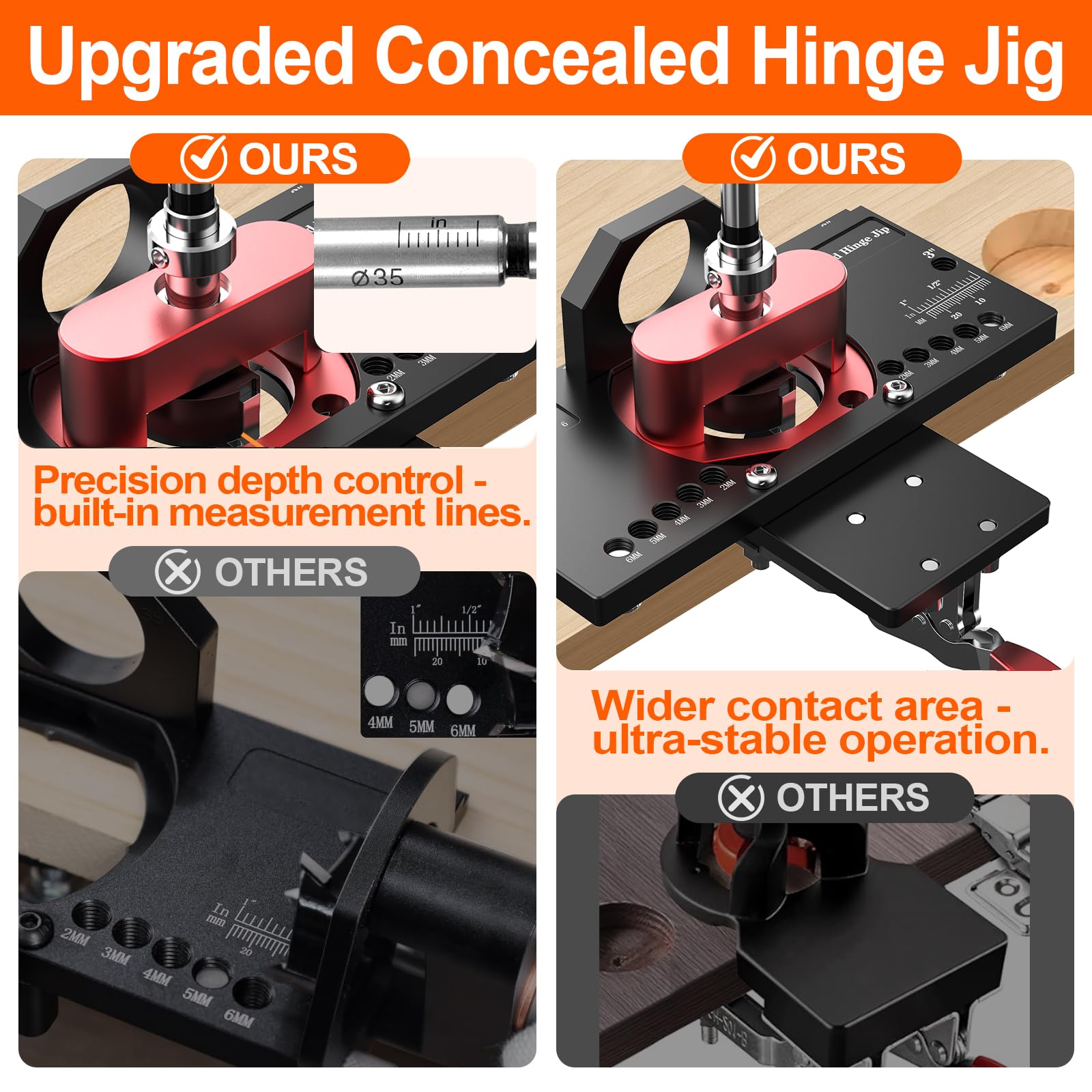 M-T hinge jig with dust vacuum adapter keeps the workspace clean