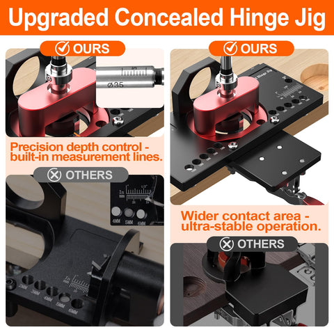 M-T hinge jig with dust vacuum adapter keeps the workspace clean
