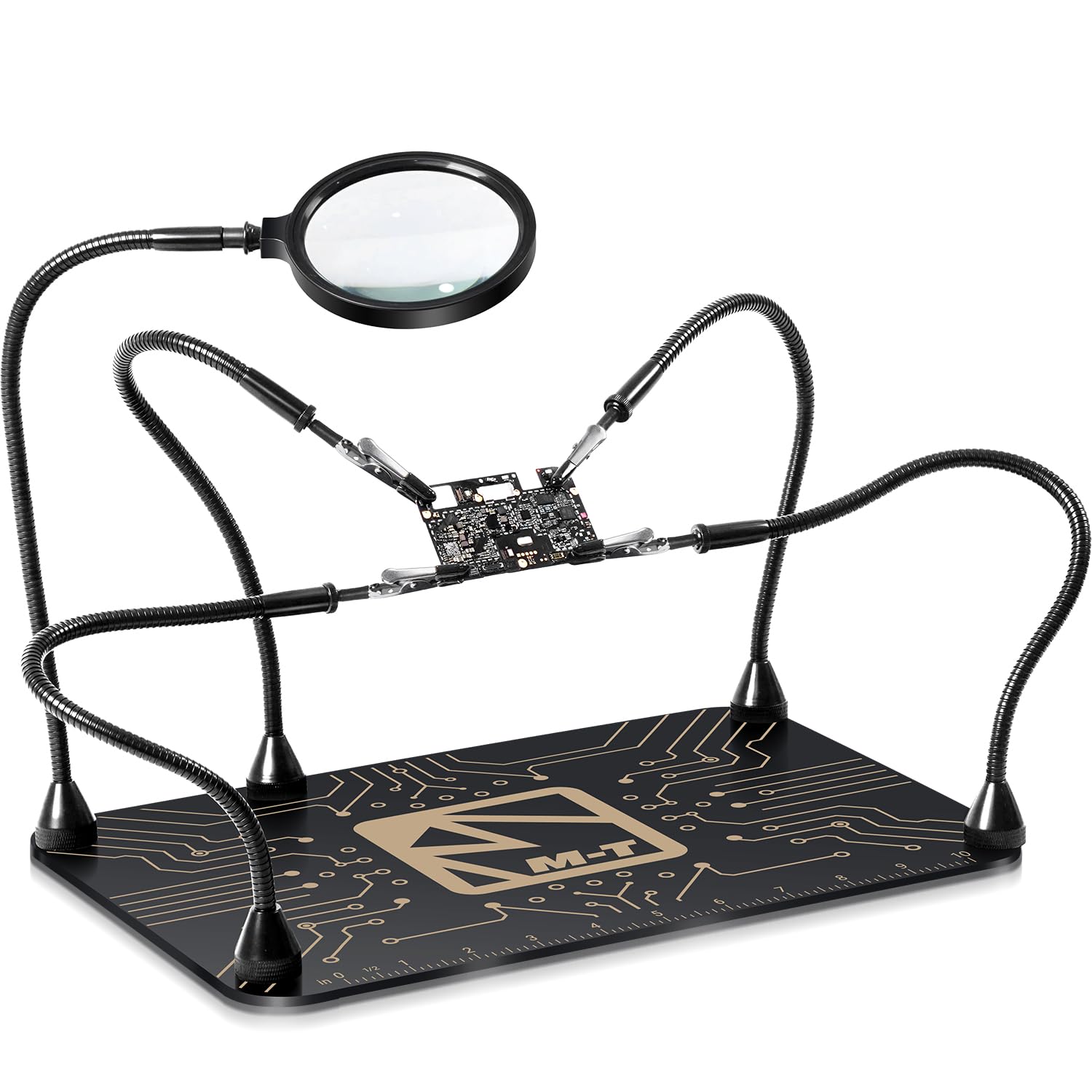 M-T Helping Hands with magnetic base provides stable support for precise soldering.