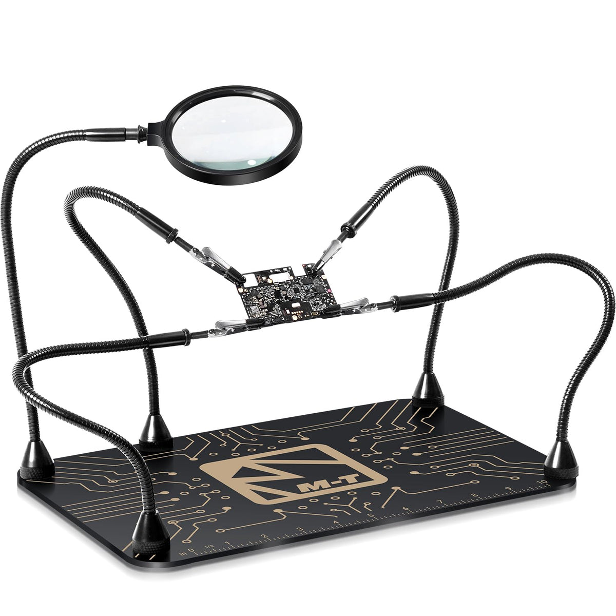 M-T Helping Hands with magnetic base provides stable support for precise soldering.