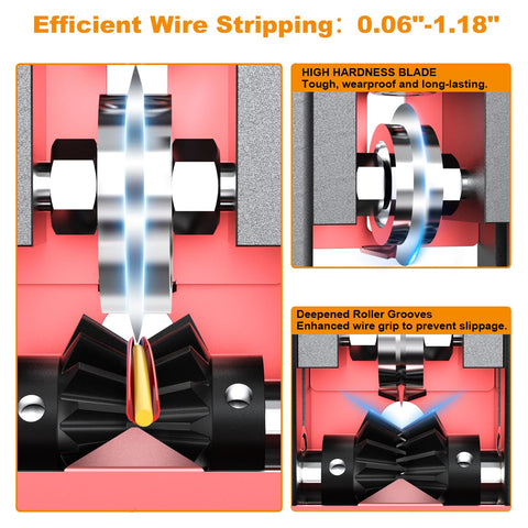 M-T dual-drive wire stripper in action with hand crank and drill versatility.