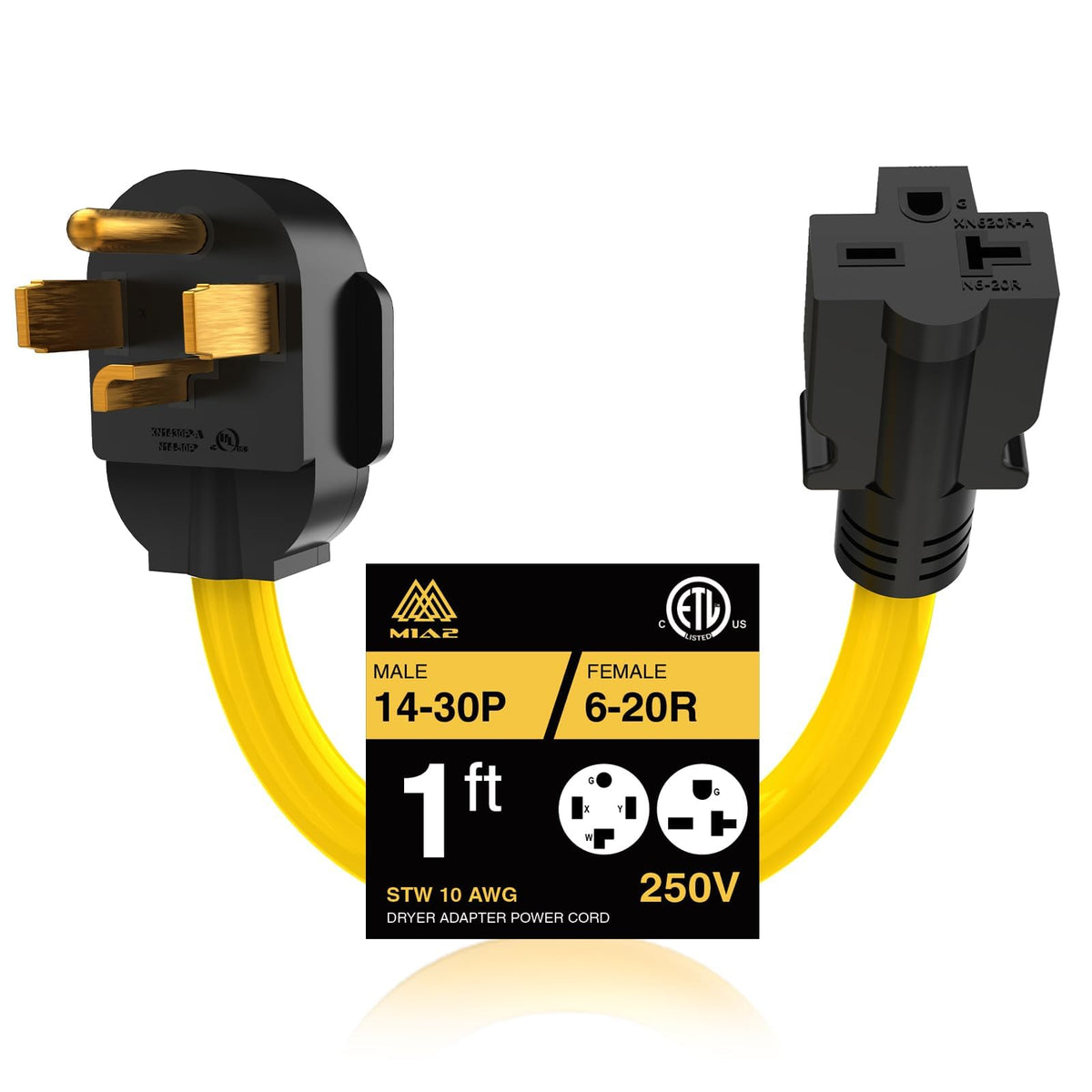 M1A2 NEMA 14-30 to 6-20 adapter for EV charging, 1 ft length.