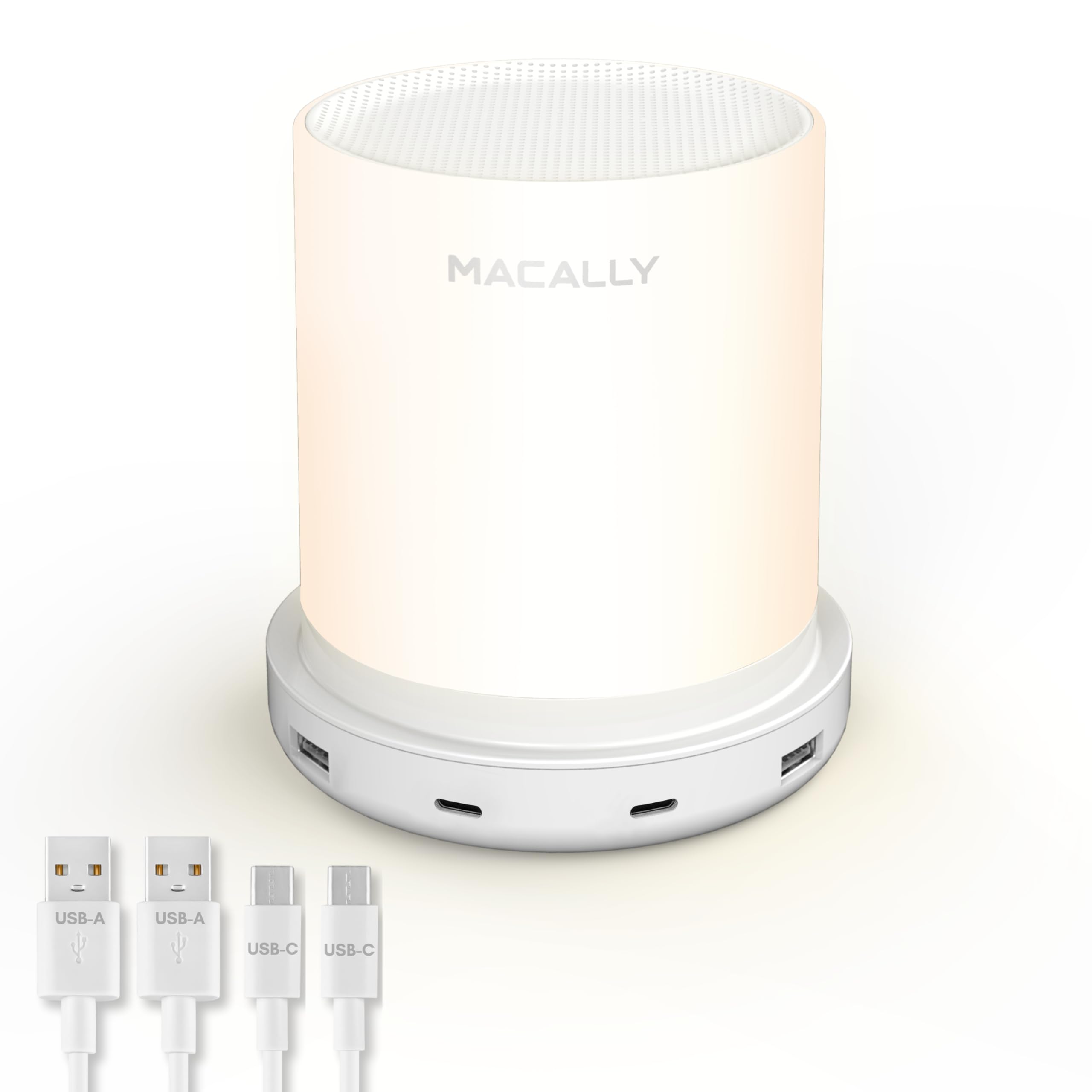 Macally bedside lamp with USB ports powering devices at night